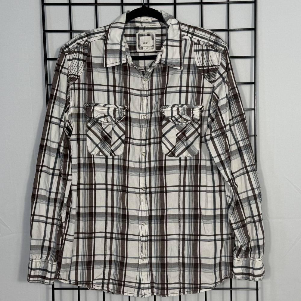 BKE Buckle Slim Fit Pearl Snap Shirt Mens XL Brown White Plaid Western Casual